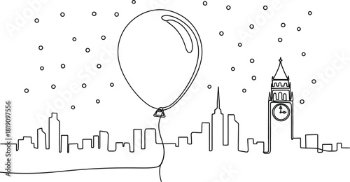 London skyline with balloon in a single line illustration