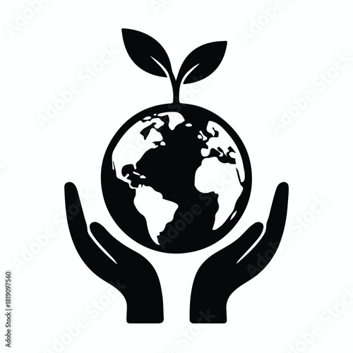 Environmental sustainability globe with sprouting plant and protective hands silhouette