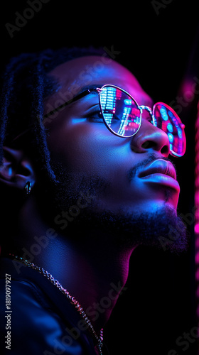 A stylish man with dreadlocks gazes upwards, wearing reflective sunglasses under bright blue and pink neon city lights.