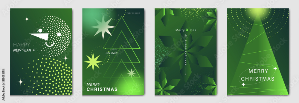 Naklejka premium Green Christmas and Happy New Year vector illustration with glowing dots, stars, geometric trees and abstract festive shapes — modern holiday design for cards, posters and seasonal prints.