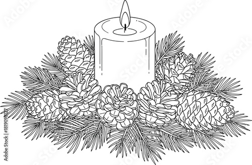 Festive candle with pinecones and needles line art design