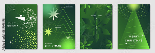 Green Christmas and Happy New Year vector illustration with glowing dots, stars, geometric trees and abstract festive shapes — modern holiday design for cards, posters and seasonal prints.
