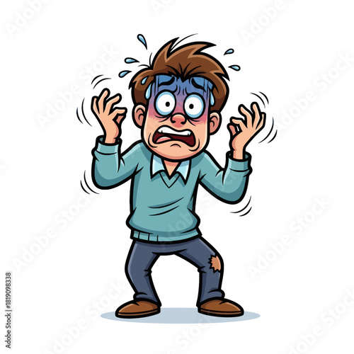 A cartoon illustration of a man looking extremely scared and anxious, sweating and shaking with wide eyes and open mouth.