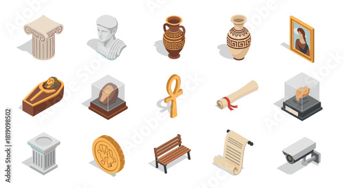 Isometric icons of ancient artifacts and historical objects