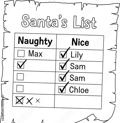 Santa's list with naughty and nice names checked off