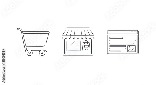 E-commerce icons set: shopping cart, storefront, online browser in linear style
