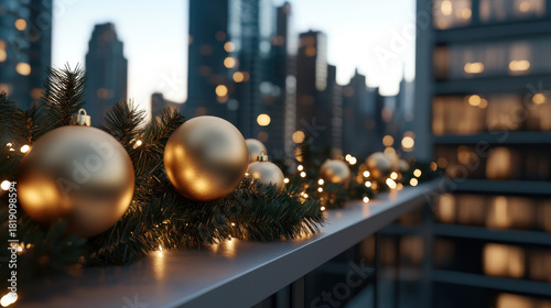 A stunning display of gold ornaments and twinkling lights adorns a modern balcony, showcasing a beautiful city skyline during the holiday season.
