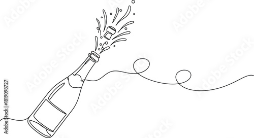 Champagne bottle popping in single line art illustration