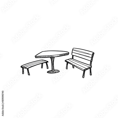 Hand drawn picnic table and benches sketch with minimalist style and outdoor theme