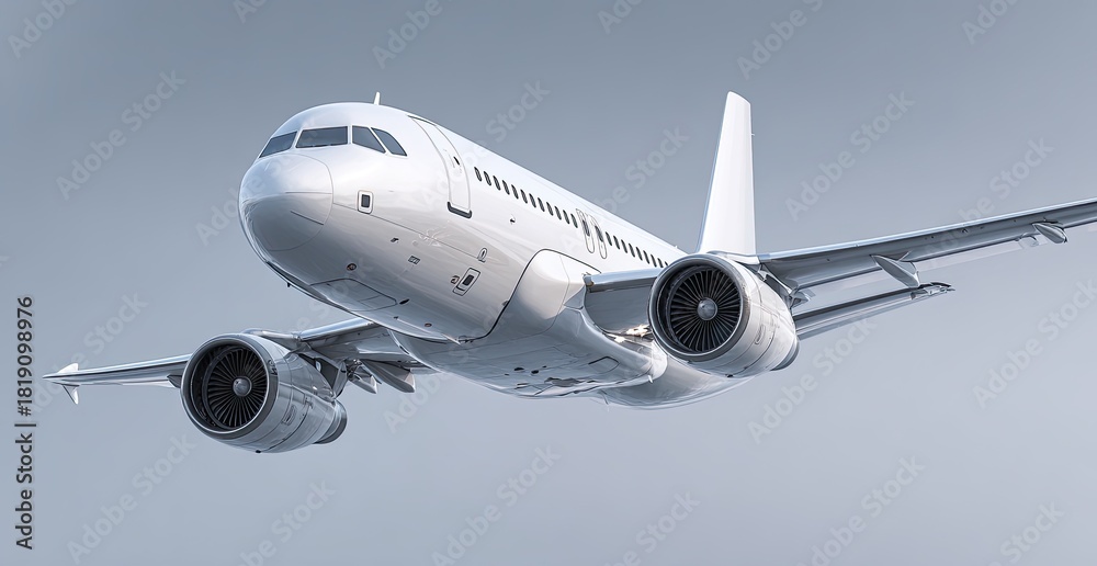 Naklejka premium White airplane flying, angled upward, engines visible, overcast background