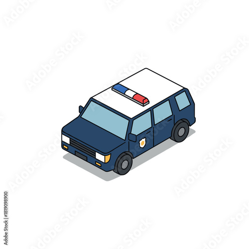 Isometric police car icon with blue and white design and red light bar