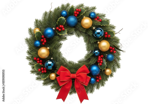 Christmas wreath with gold and blue baubles isolated on transparent background
