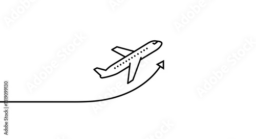 Minimalist airplane taking off with upward arrow