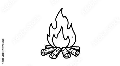 Hand drawn campfire icon with logs and flame in black and white
