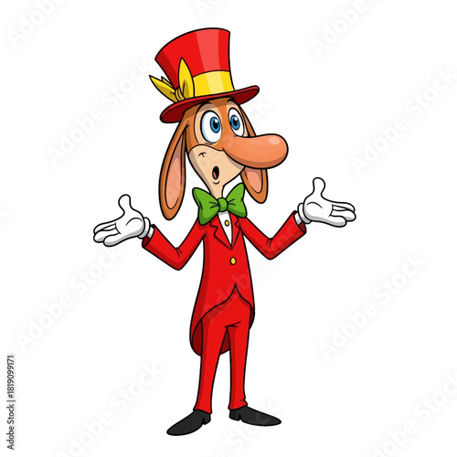 A cartoon dog character dressed as a showman in a red tuxedo and top hat with a surprised expression.