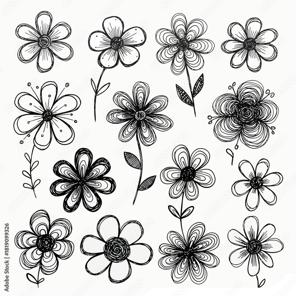 Obraz premium A whimsical collection of hand-drawn abstract flowers in a playful doodle style, beautiful sketch floral elements for design vector illustration