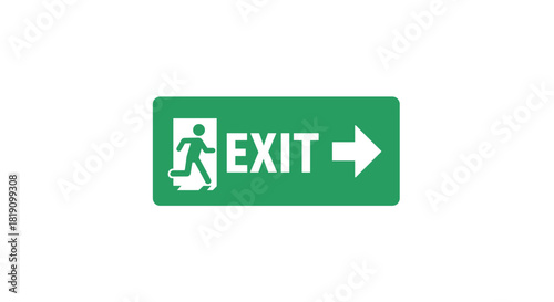 Emergency exit sign with running figure and arrow on green background