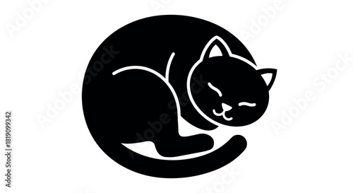 Sleeping cat silhouette peaceful black and white feline icon with curled tail