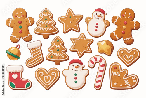 Collection of festive christmas gingerbread cookies in various shapes and decorations