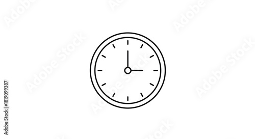 Minimalist clock showing time with round dial and bold hands on white background