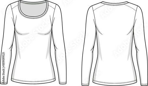 Women’s long sleeve top front and back technical flat, fashion apparel template for tailoring production, cad drawing flat vector illustration