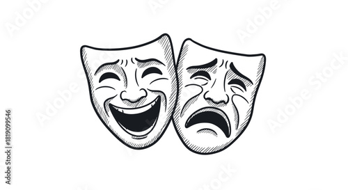 Classic theater comedy and tragedy masks in handdrawn style