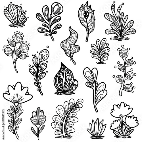 Collection of fifteen hand-drawn abstract plant shapes in a doodle style. Black and white botanical line art vector elements for design