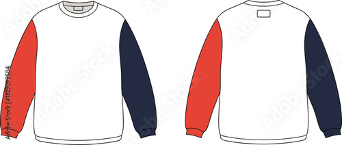 Two tone sweatshirt front and back view, color block sleeves apparel design, cad drawing flat vector illustration for fashion branding