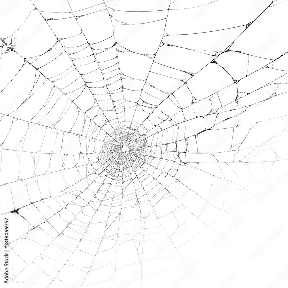 Obraz premium A delicate spiderweb, subtly textured, radiating from a central point, set against a white backdrop