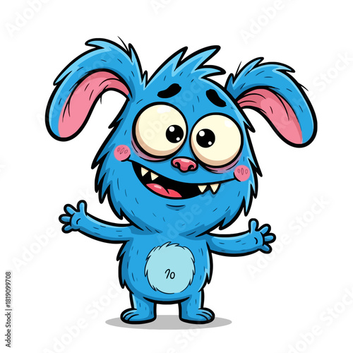 A cute, happy, fluffy blue cartoon monster with big eyes and a wide smile, arms open.