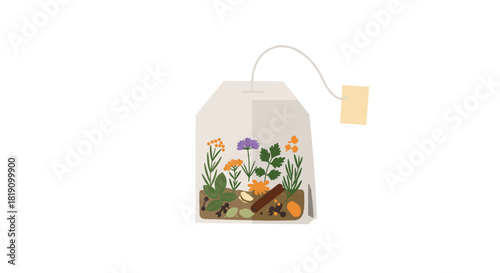 Herbal tea bag with assorted flowers and spices on white background