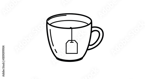 Minimalist black and white tea cup line drawing with tea bag