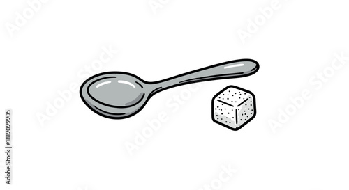 Sugar cube and spoon simple black and white drawing of kitchen essentials