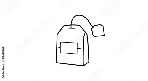 Minimalist line art tea bag illustration with tag in simple black outline design