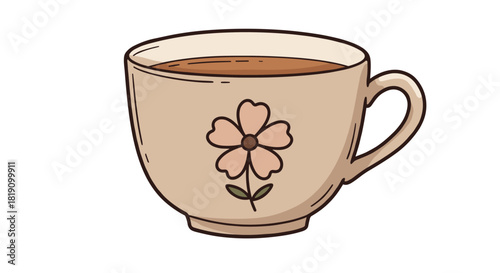 Charming floral tea cup with warm beverage in handdrawn style