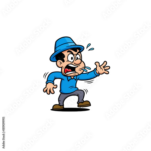 Cartoon man in blue hat, looking angry and sweating.