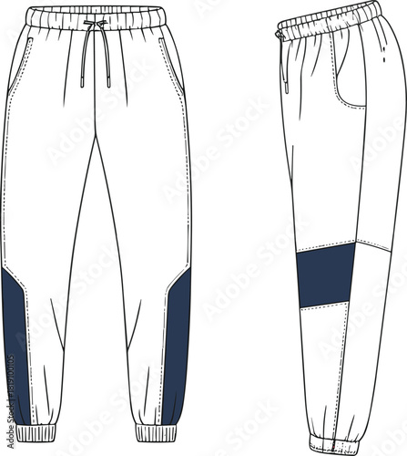 Jogger pants technical flat sketch with side view sport sweatpants design template for apparel manufacturing, cad drawing flat vector illustration