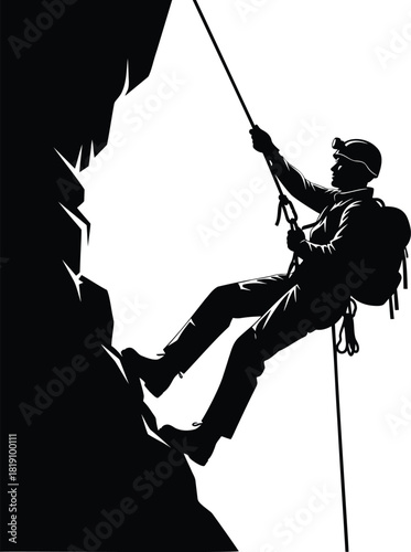 Silhouette of climber rappelling down rock wall with rope and safety gear