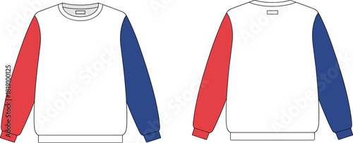 Color block sweatshirt front back view red blue sleeves crewneck apparel mockup sportswear design template, cad drawing flat vector illustration