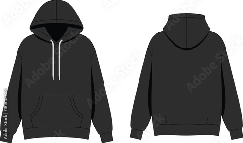 Black pullover hoodie front back view with drawstring and kangaroo pocket streetwear apparel template mockup, cad drawing flat vector illustration