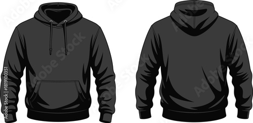 Black pullover hoodie front and back view, realistic apparel mockup design, modern streetwear clothing, cad drawing flat vector illustration template