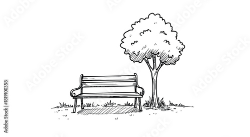 Relaxing park scene with bench and tree in sketchy black and white style