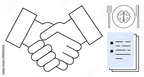 Handshake symbolizes partnership, brain on plate represents ideas over food, documents signify plans. Ideal for teamwork, creativity, partnerships, agreements, collaboration, strategy negotiation