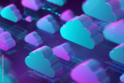 Abstract 3D Cloud Computing Network with Digital Data Transfer and Futuristic Neon Colors in Purple and Teal