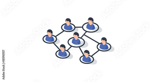 Isometric network of connected people icons on white background