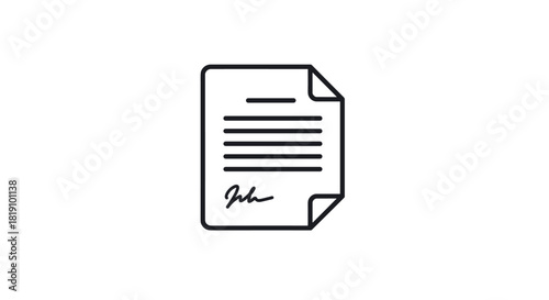 Minimalist document icon with signature in black and white outline style