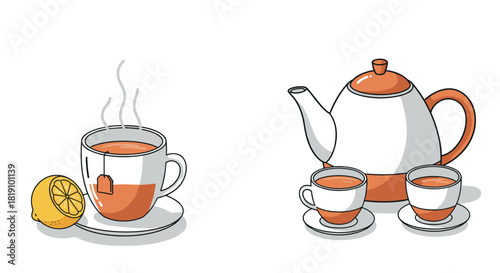 Cozy teatime steaming cup and teapot with lemon in modern style