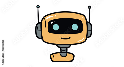 Cute cartoon robot with antennas and friendly expression on white background