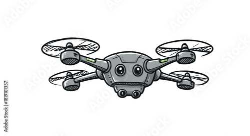 Cute cartoon drone with smiling face and rotors flying in midair