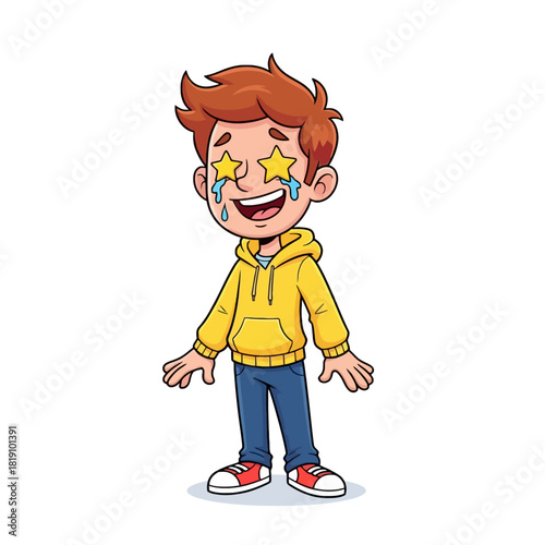 Cartoon boy with star eyes and tears of joy, wearing a yellow hoodie.